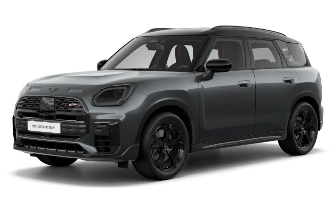 Grauer MINI Countryman SUV von schräg vorne, schwarze Felgen, rotes Interieur.