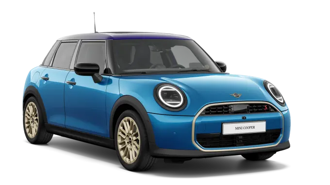 Blauer MINI Cooper mit schwarzem Dach, fotografiert schräg von vorne auf weißem Hintergrund.