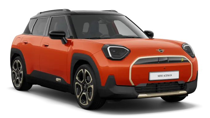 Oranger MINI Aceman SUV, seitliche Ansicht, Standort MINI Mülheim.