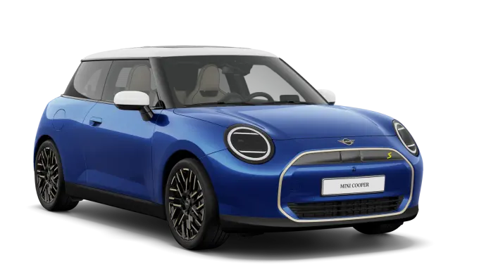 Blauer MINI Cooper vor weißem Hintergrund, seitliche Frontansicht, weißes Dach.