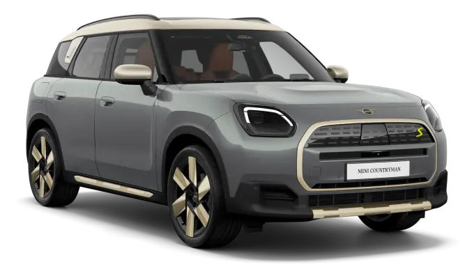 Grauer MINI Countryman, Frontansicht, steht vor weißem Hintergrund.