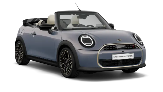 Silberner MINI Cooper Cabrio, frontal seitlich, mit geöffnetem Verdeck vor weißem Hintergrund.