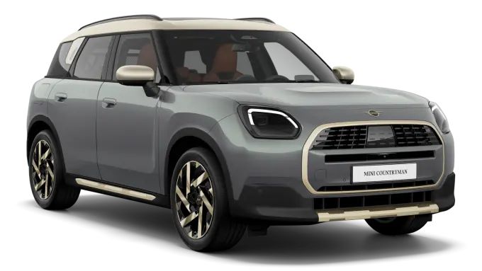 Grauer MINI Countryman, seitliche Ansicht, auf weißem Hintergrund.