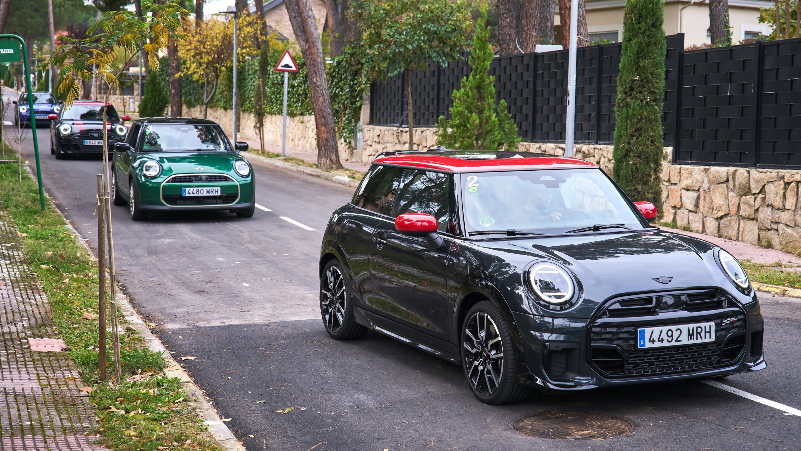 Mehrere MINI Cooper in unterschiedlichen Farben fahren auf einer von Bäumen gesäumten Straße.