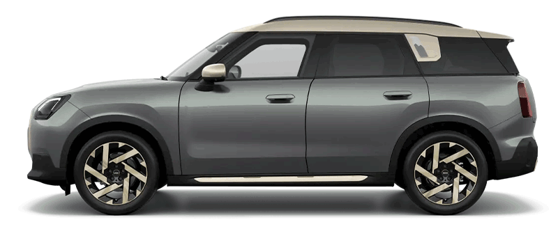 Grauer MINI Countryman von der Seite auf weißem Hintergrund.