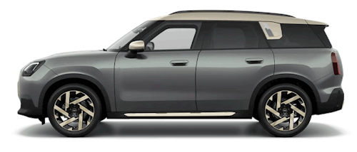 Grauer MINI Countryman von der Seite auf weißem Hintergrund.